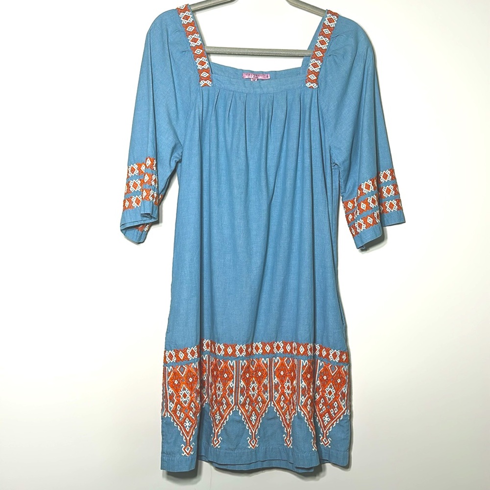 Calypso St Barth embroidered peasant chambray dress S